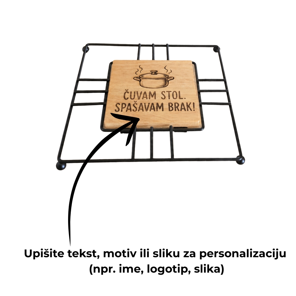 Personalizirani podmetač za lonce od bambusa s metalom – 18 × 18 cm